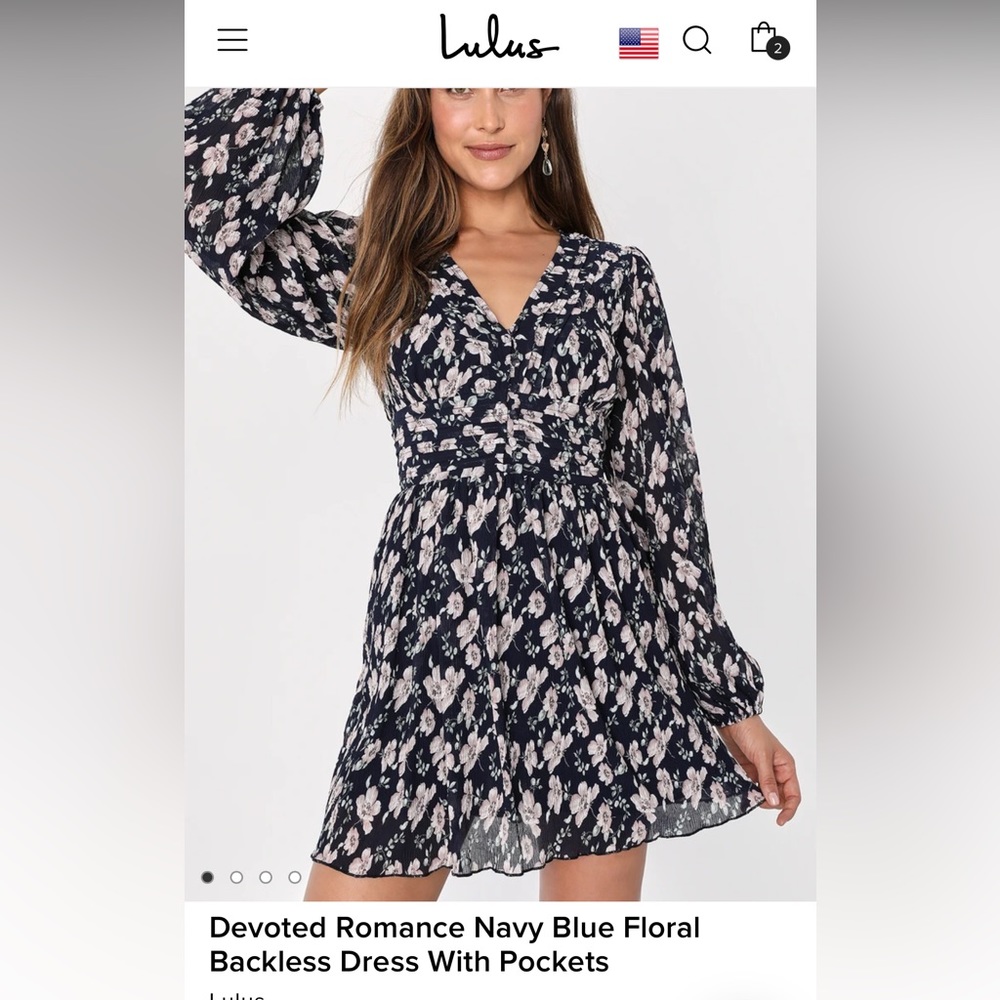 Lulu’s Devoted Romance Navy Blue Floral Backless Dress With Pockets Sz L